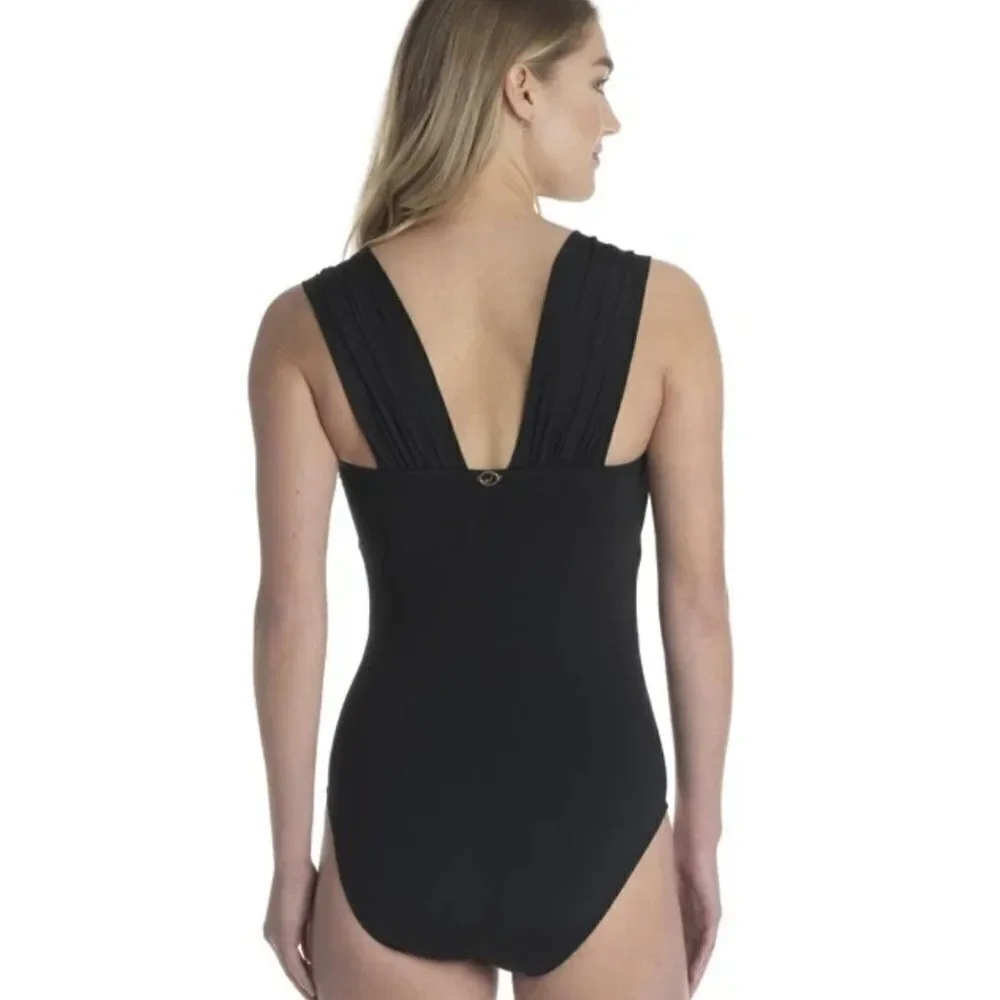Jantzen Solids Women's Black Glamour Cap Sleeve One Piece Slimming Swimsuit 10